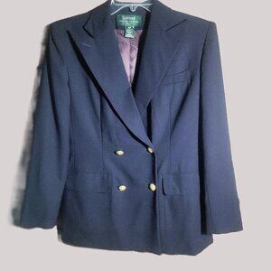 Vintage Lauren Ralph Lauren Navy Double-Breasted Wool Blazer - Women's Size 4P
